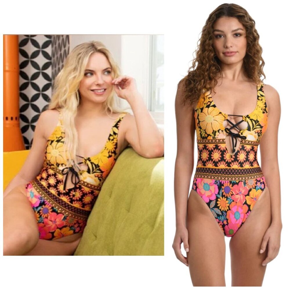 Sunshine 79 NWT $162 Flower Power Boho 60s 70s V-Plunge 1-Piece Swimsuit Size 8